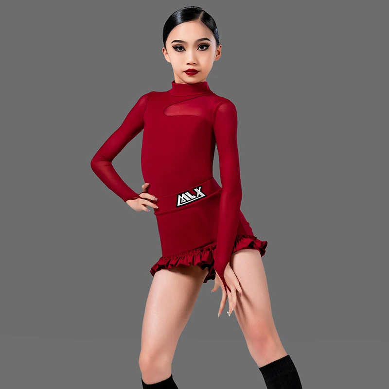 2024 New Latin Dance Girls Sparkling High-Necked Long Sleeves Suit Samba Dance Performance Costume Line Dance Clothing VBH512