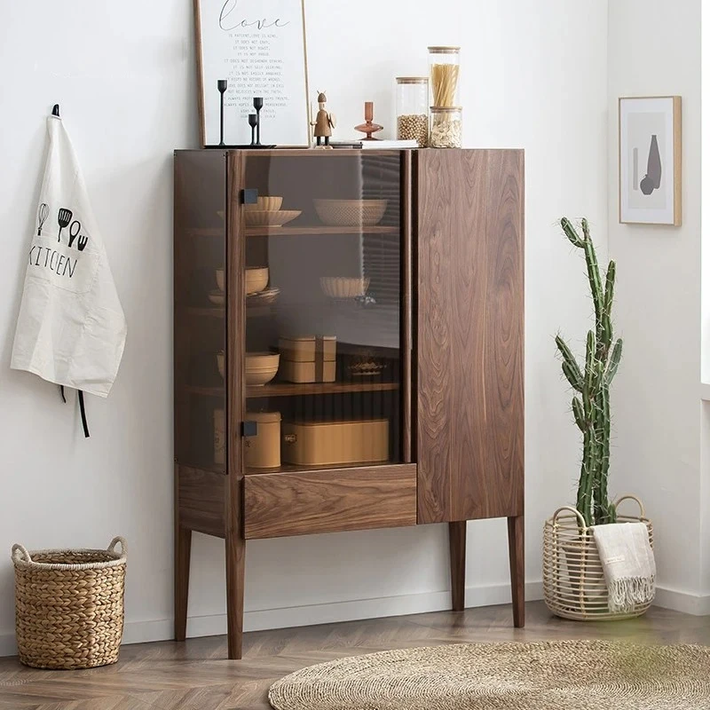 Black walnut glass door, dining side cabinet, all solid wood household multi-functional bookcase, wine cabinet