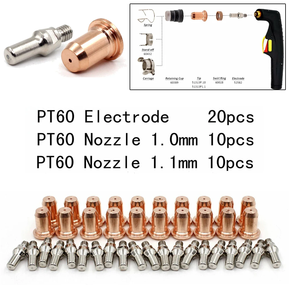 

40Pcs Plasma Tip 1.0mm 1.1mm Electrode 52582 For IPT-60 PT60 PT40 IPT-40 Cutting Torch WS OEMed Plasma Cutting Consumables Parts