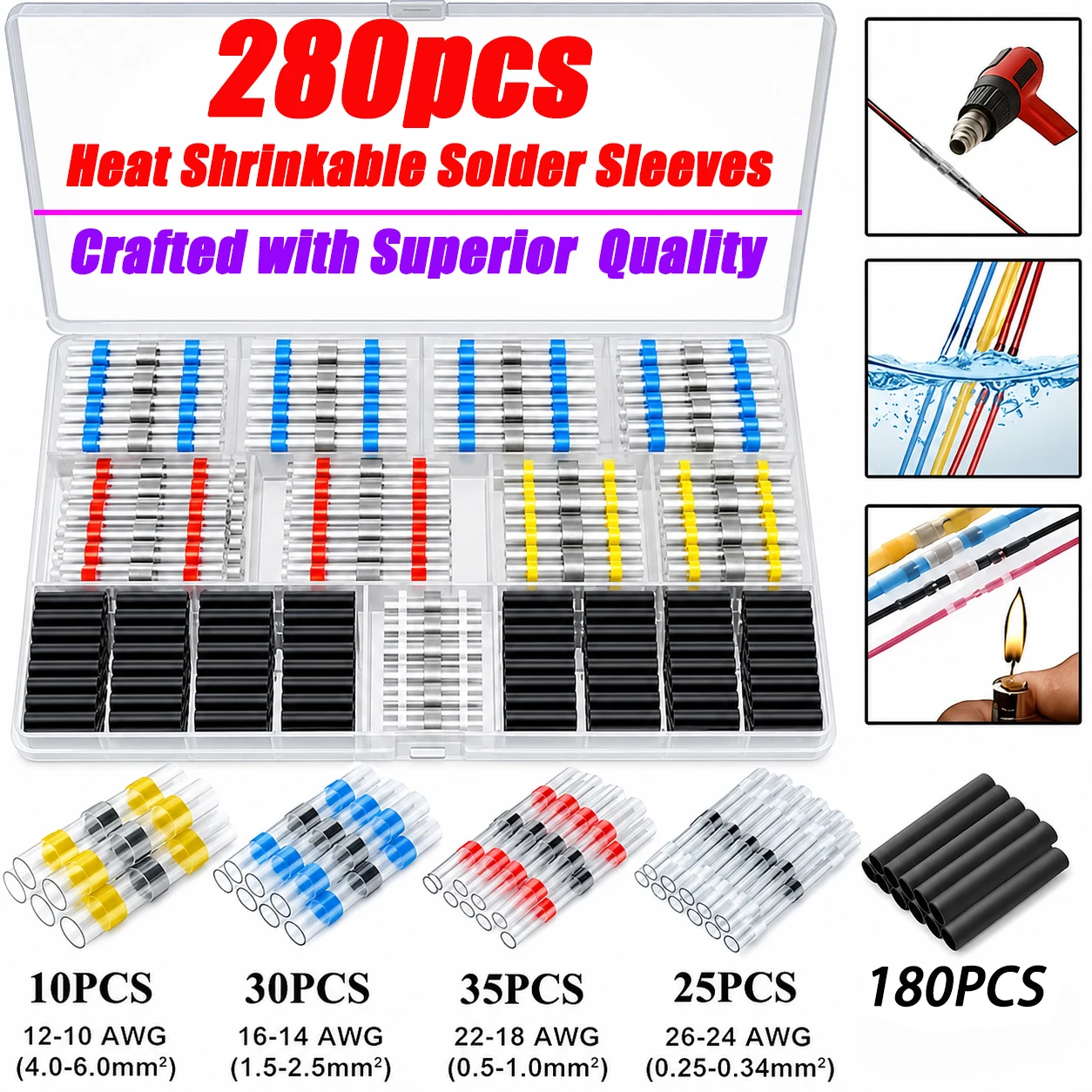 280PCS Heat Shrink Solder Sleeve Thickened Solder Ring Heat Shrink Tube, Wire Crimp Butt Terminal Cable Connector