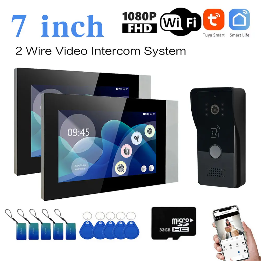 Two-Wire video Intercom System Tuya Wireless Wifi Video Intercom 1080P Video Doorphone 2PCS 7\