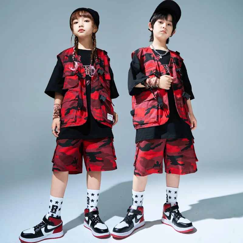 Kid Hip Hop Clothing Red Camouflage Sleeveless Jacket Vest Top Casual Wide Cargo Shorts for Girl Boy Jazz Dance Costume Clothes