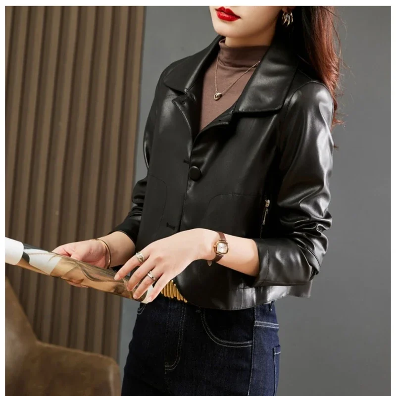 New Spring Autumn Leather Jackets for Women 2023 Korean Fashion Lapel Coats Short Female Leather Jacket Chaqueta De Cuero Mujer