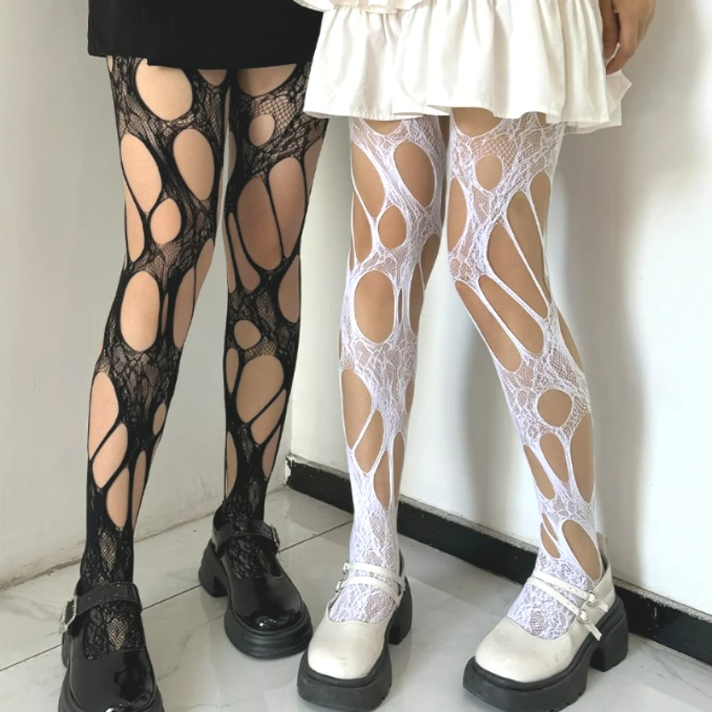 Women Sexy Stockings White Lace Broken Hole Fishnet Socks Black Tights Woman Large Mesh Hollow Pantyhoses Fishnets Gothic