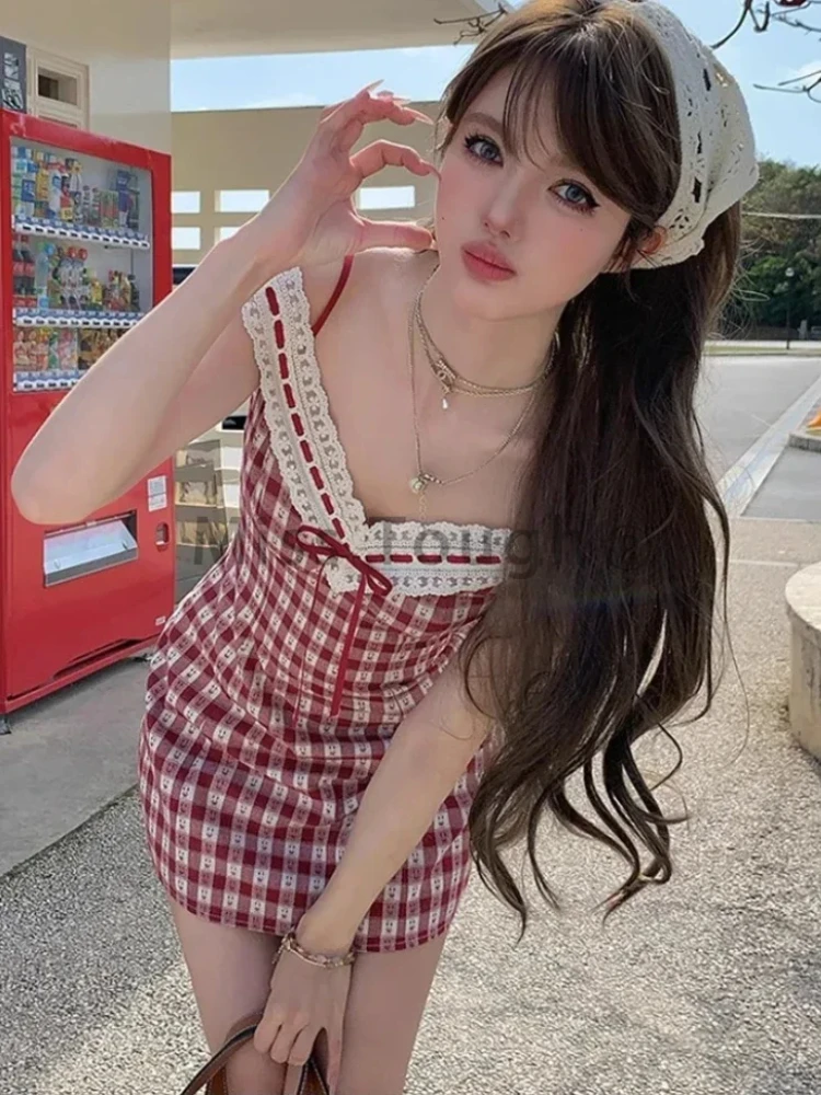 Japanese Plaid Kawaii Strap Dress Women Lace New Korean Casual Y2K Mini Dress Female V-neck High Waist Cute Clothes 2024 Summer