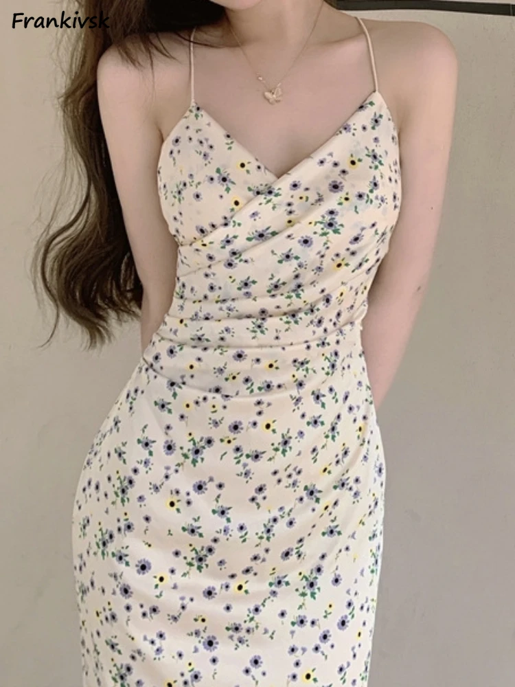 

Dresses Women V-neck Floral Sexy Folds Elegant Streetwear Summer All-match Sleeveless Simple Holiday Korean Sundres Trendy Chic