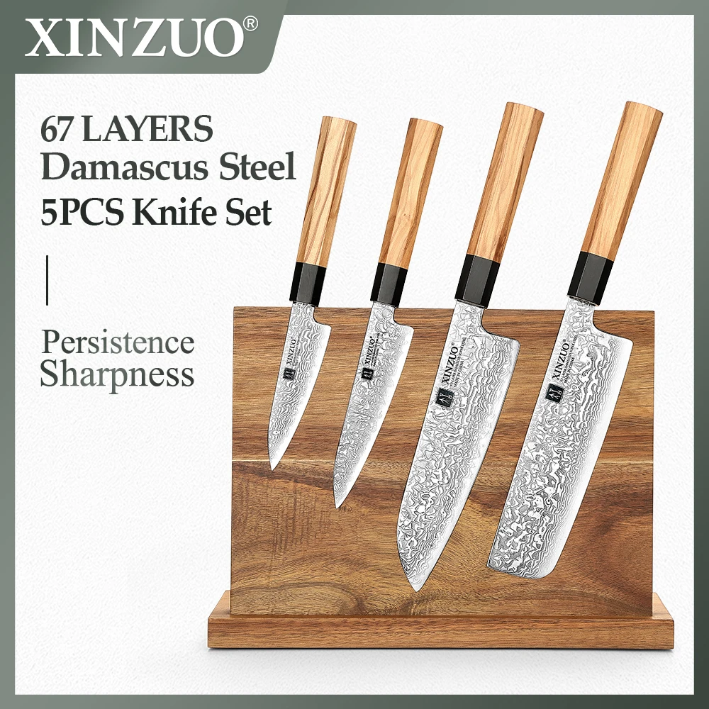 XINZUO 5PCS Knife Set Damascus Steel Nakiri Chef Utility Paring Knife Knife Holder 60±2HRC With Exquisite Gift Box Packaging