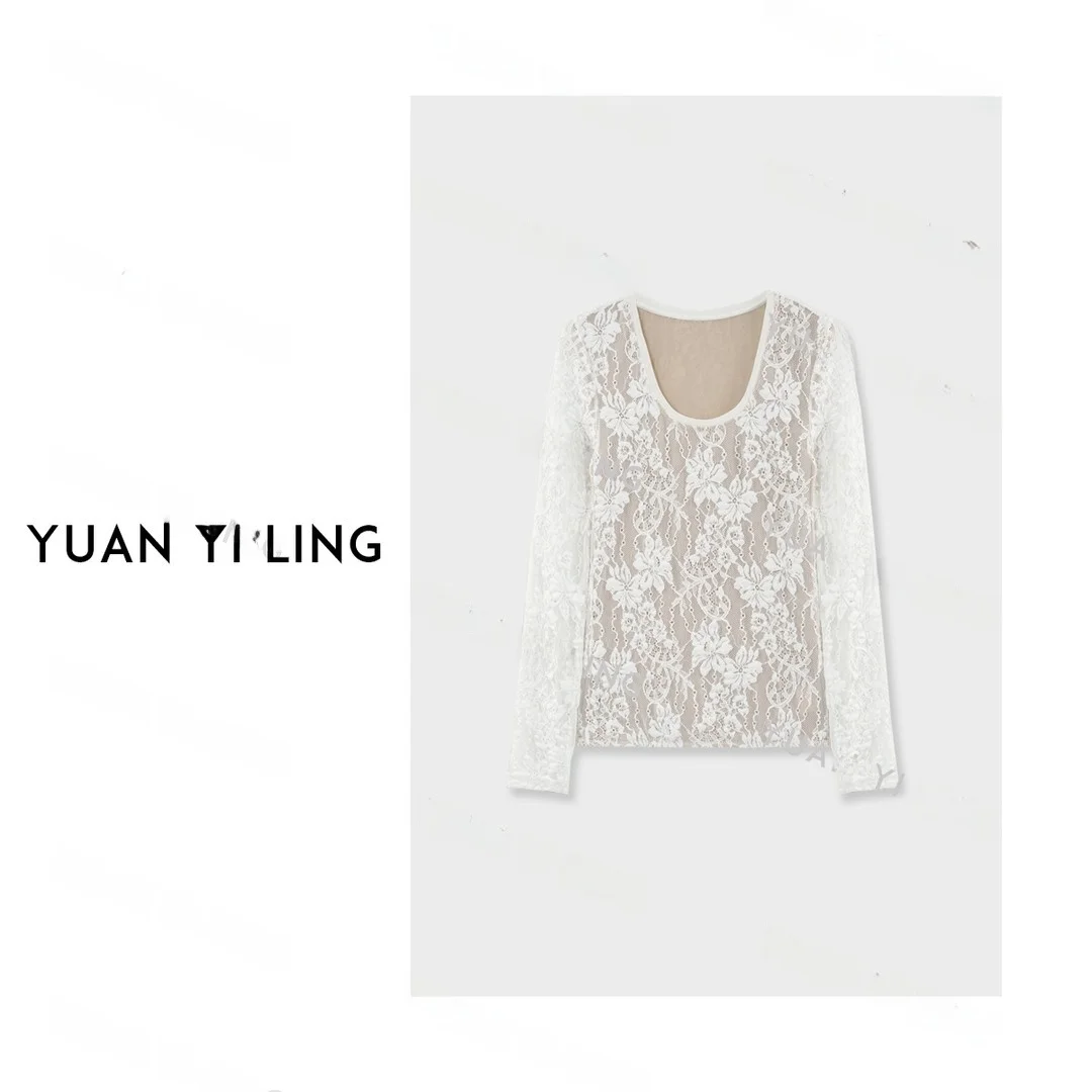 

Белая кружевная блузка с длинным рукавом и U-образным вырезом для женщин, повседневная, прямого кроя, весна-осень