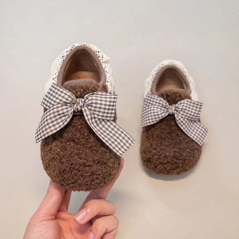 طفل الفتيات الشقق الأطفال فو فروي قارب أحذية أطفال فراشة الدانتيل حافة أحذية ناعمة طفل الفتيات أحذية الشتاء الدافئة #5