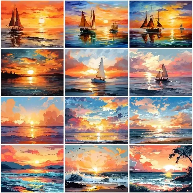 

613865 Oil Painting Sunset and Sea View Drawing On Canvas HandPainted Art Gift DIY Pictures By Number Kits Home Decoration