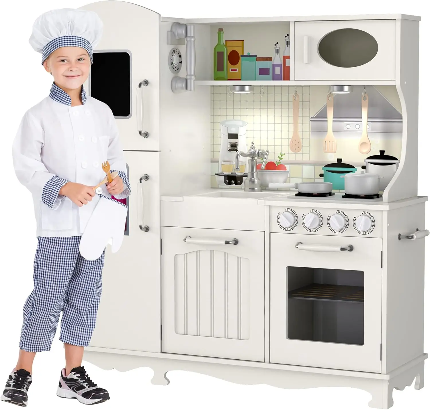 

Wooden Play Kitchen for Toddlers & Kids – Pretend Kitchen Set with Sink, Oven, Stove, Microwave, Lights & 9 Accessories – Durabl