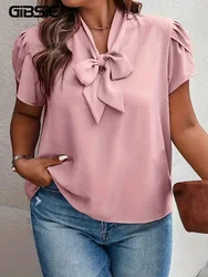 GIBSIE Plus Size Bow Tie Neck Petal Sleeve Top Blouse Women Summer 2024 Solid Elegant Office Ladies Korean Casual Shirt Blouses