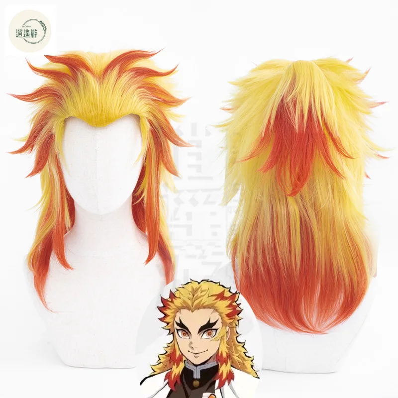 Wig Cosplay Anime Demon Slayer Rengoku Kyoujurou 65CM gradien tahan panas rambut sintetis pesta Halloween Cosplay + topi Wig