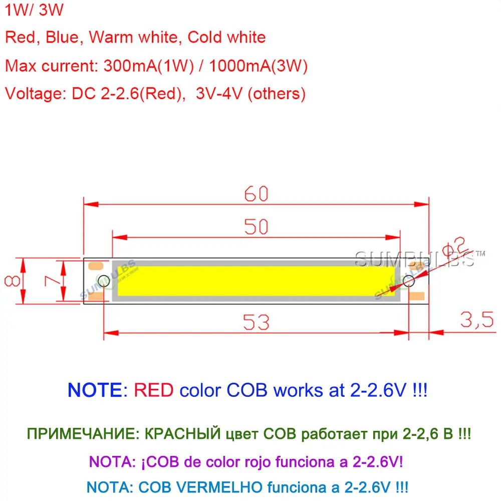 10pcs 60x8mm 2V 3V LED COB Light 3.7V Chip On Board Light Bar Warm Cold White Blue Red Color 1W 3W LED Lighting Work Lamp DIY