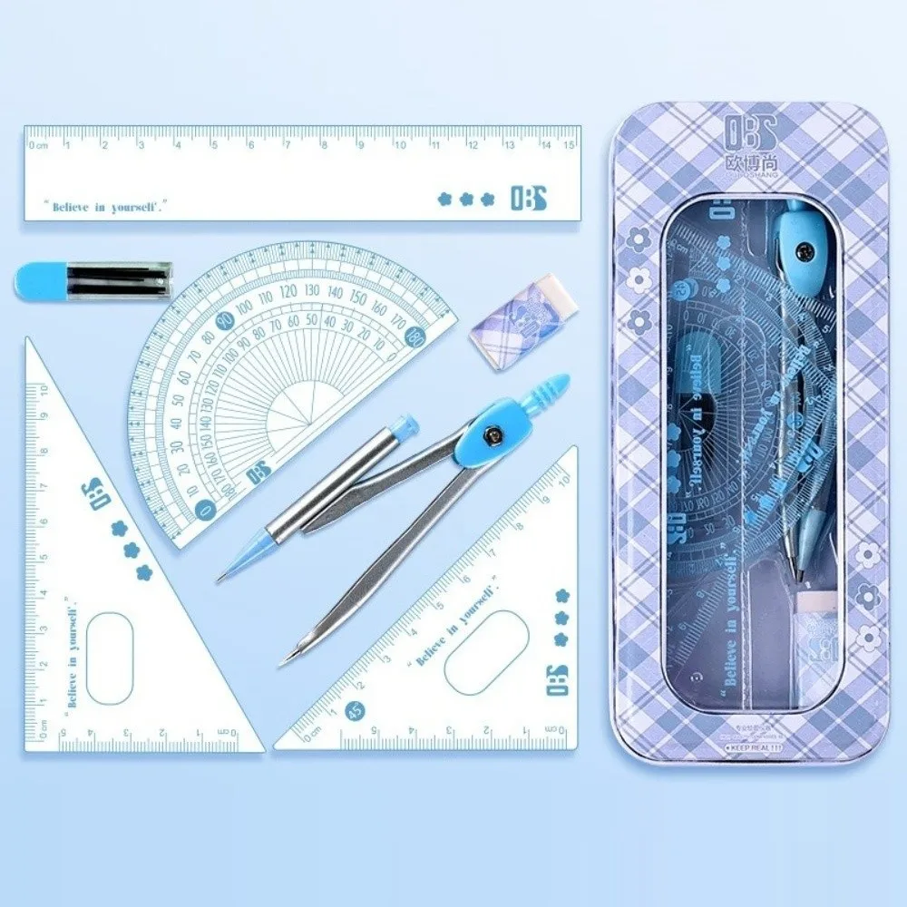 

8PCS Plastic Ruler Compasses Set Eraser Straight Ruler Measuring Ruler Transparent Square Triangle Ruler School Office
