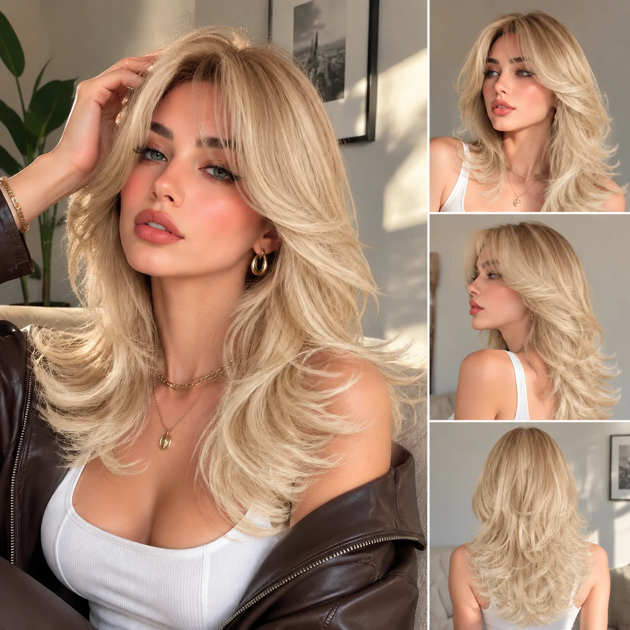Highlighted Blonde Layered Wavy Wig, Middle Part Synthetic Long Curly Wig, Heat Resistant Hair Wig for Women Daily & Party Use