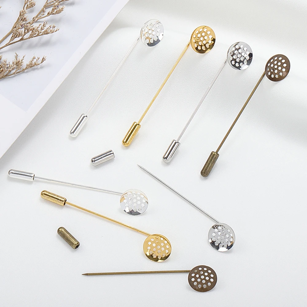 

10 шт./лот, металлическая длинная брошь, булавки, 12 мм, круглый пустой лоток, булавки, основа для самостоятельного изготовления ювелирных изделий, броши, аксессуары, оптовая продажа