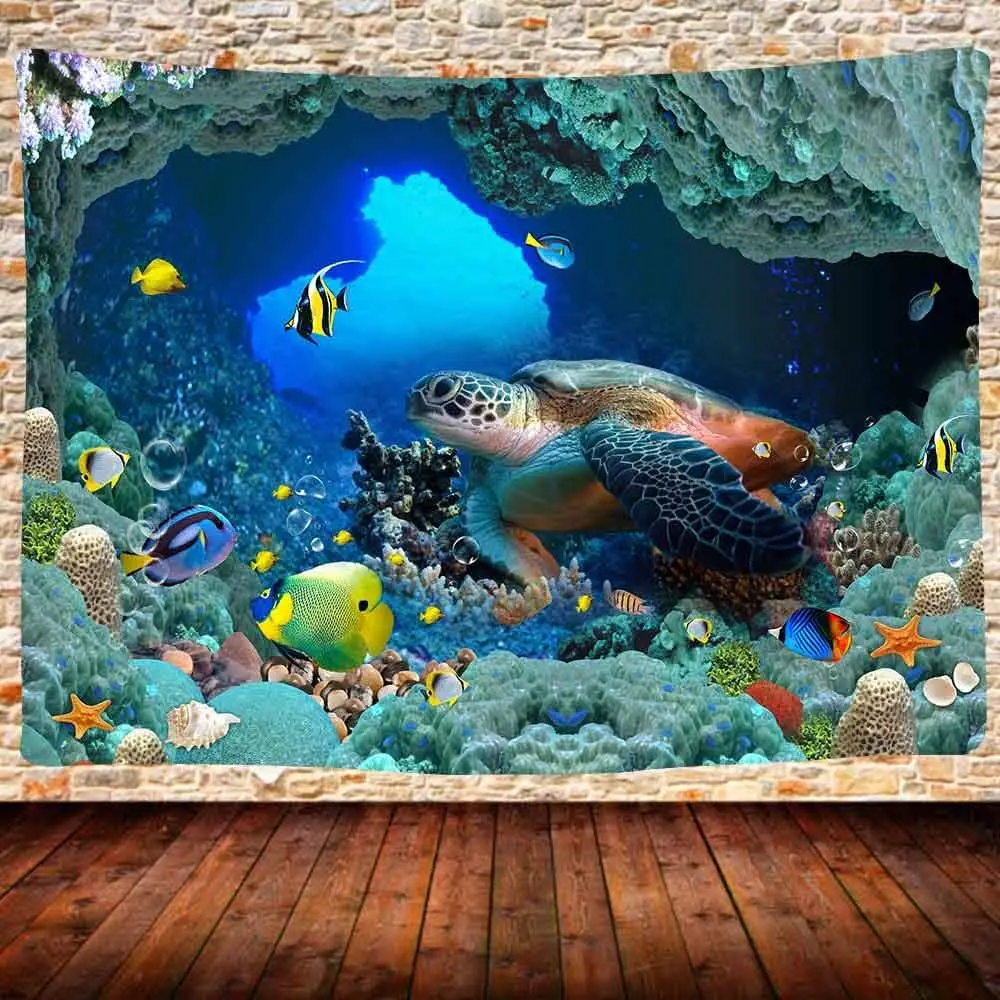 Sea Turtle Tapestry Ocean Animal Tapestry Wall Art Decor Undersea World Tropical Fish Wall Hanging Blanket Ocean Tapestries for
