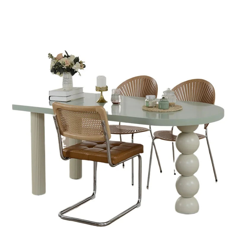 French solid wood cream style dining table small apartment household Internet celebrity semi-oval island platform against the