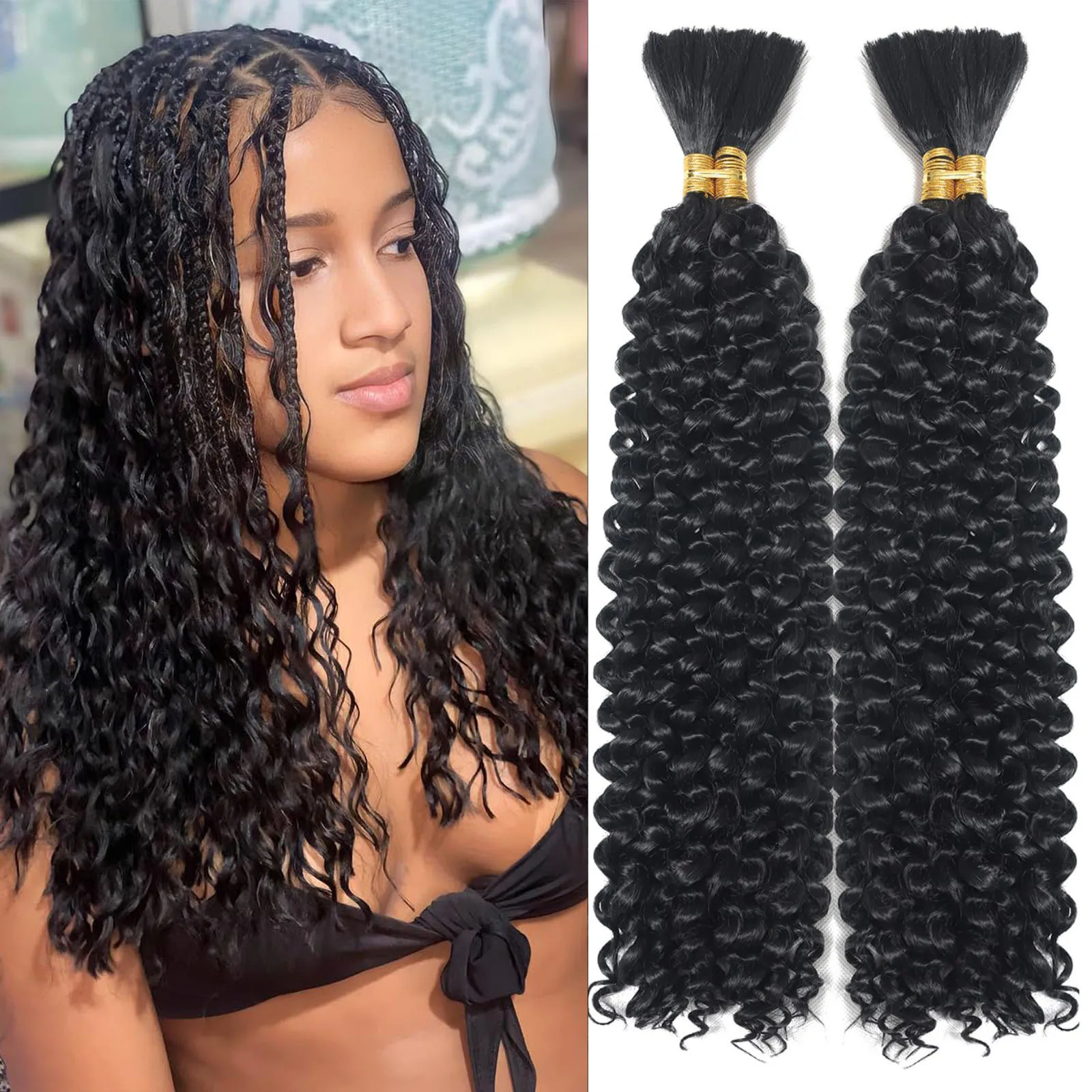 

Water Wave Bulk Human Hair for Boho Braids Natural Color 2 Bundles/Pack Braiding No Weft Curly Human Hair Braiding Hair