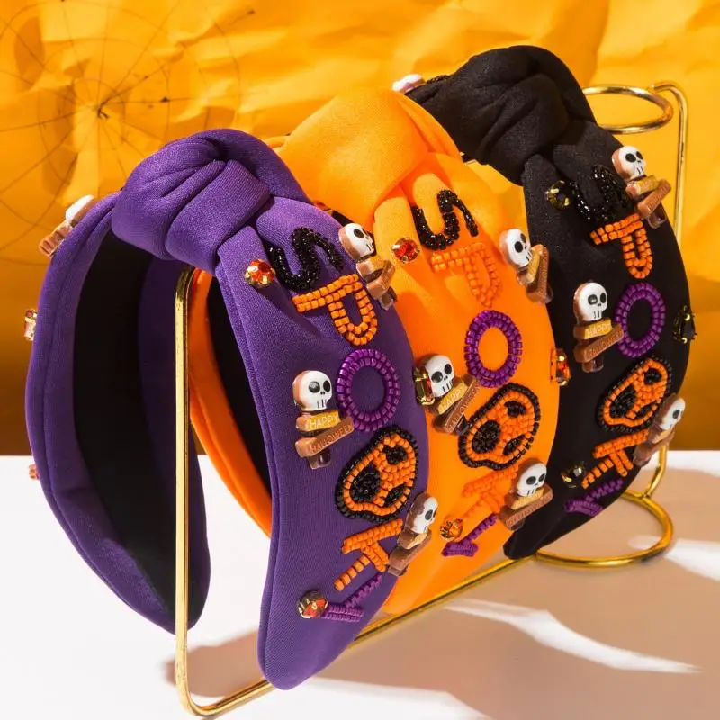 

Halloween Themed Headbands For Women With Diamonds Rice Beads Letters Skull Accessories Hair Band Holiday Hair Accessories Gifts