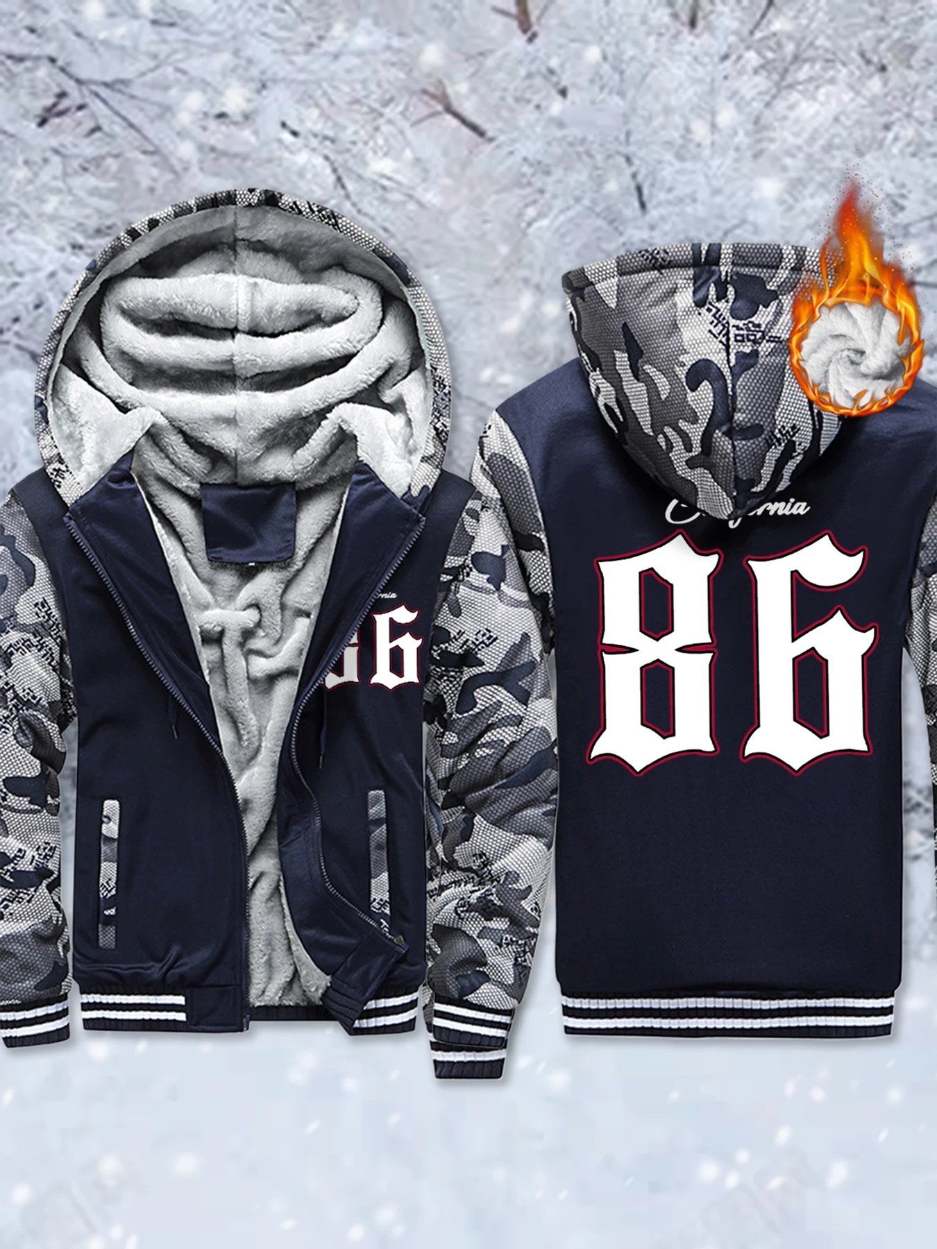 

California Number 86 Printed Fleece Warm Jackets Mens Pocket Basics Outwear Thicken Comfy Coat Winter Zip-Up Hoodie Oversize Top