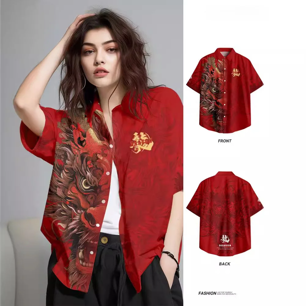 Red Oversized Chinese Dragon Print Streetwear Hawaiian Shirt 2024 Men Beach Short Sleeve Harajuku Aloha Shirt Camisas