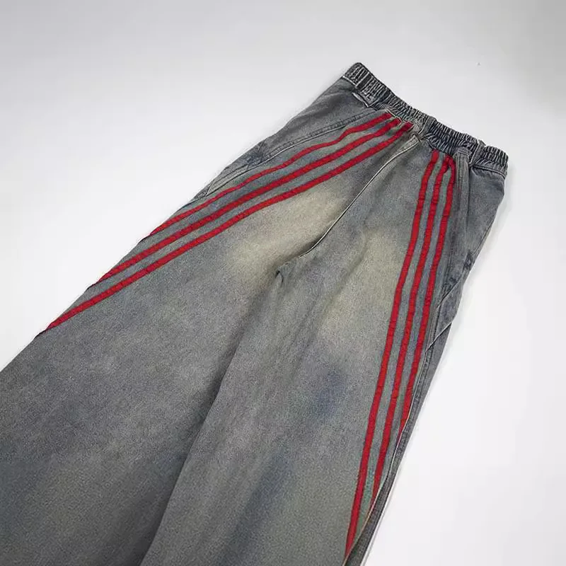High Street Red Striped Jeans for Men Water Washed Distress Denim Jeans Women Baggy Wide Leg Pants Streetwear Y2k Clothes
