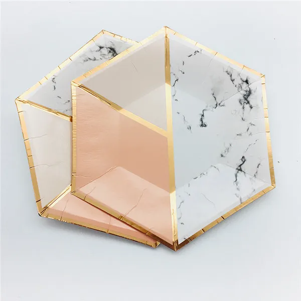 Pink Gold Party Hexagonal Marble Plates Paper Cups Party Napkins New Years Decorations Baby Shower Wedding Birthday Tablewares