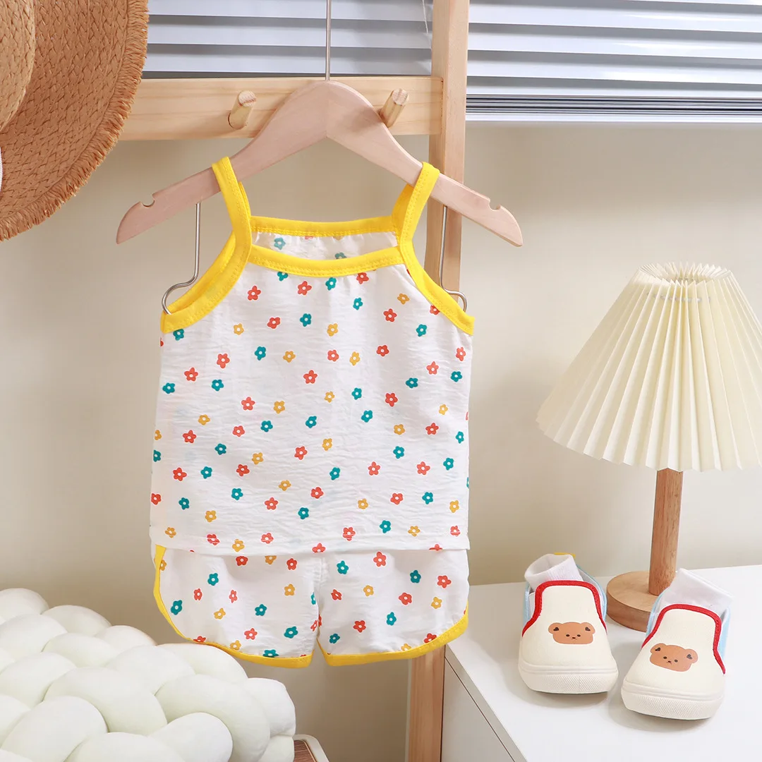Summer Children Sling Shorts Set Fashion Flower Girls Kids Thin Breathable Pajamas Cute Cartoon Baby Toddler Home Clothes image 6