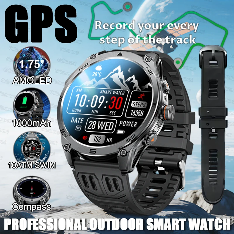 

Outdoors Sports 1.75" AMOLED Screen Smart Watch Built-in GPS 10ATM Waterproof Compass 1000mAh Battery BT Call smart watches 2025