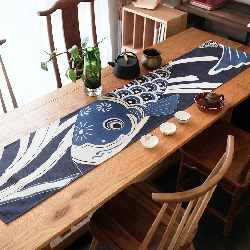 Cotton and Linen Table Runner Japanese Style Blue Koi Fish Tablecloth Japanese Tea Ceremony Accessories