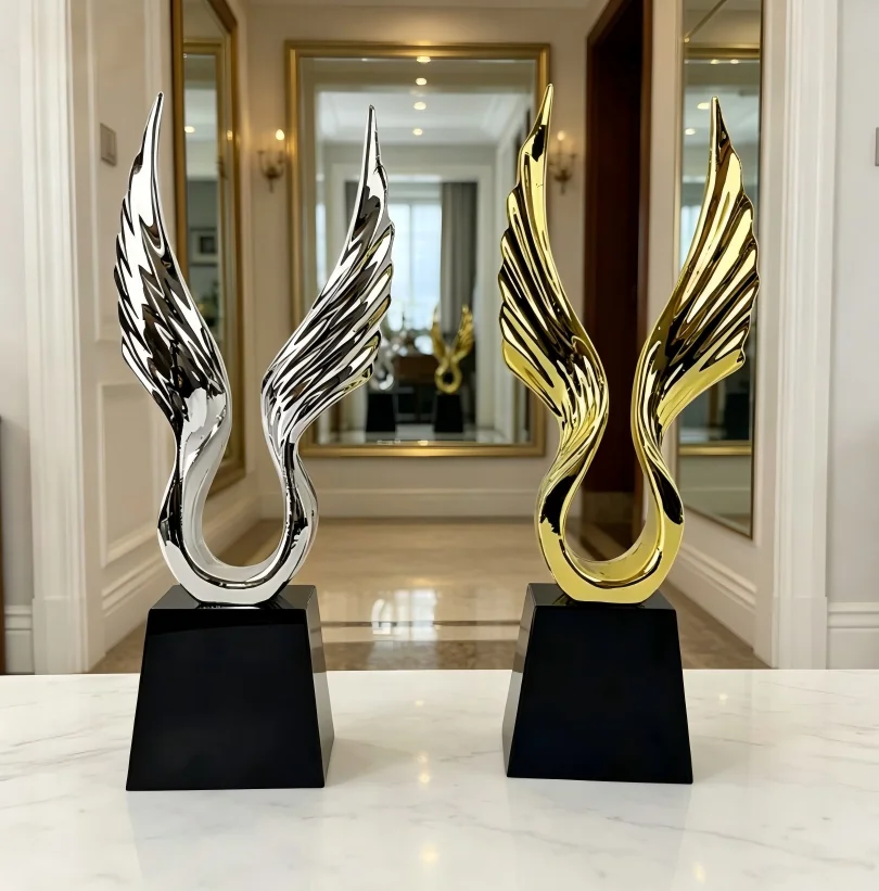 *&z Modern Large Artistic Resin Sculpture With Jumping Gold Fish for Luxury Home and Office Tabletop Decoration~.