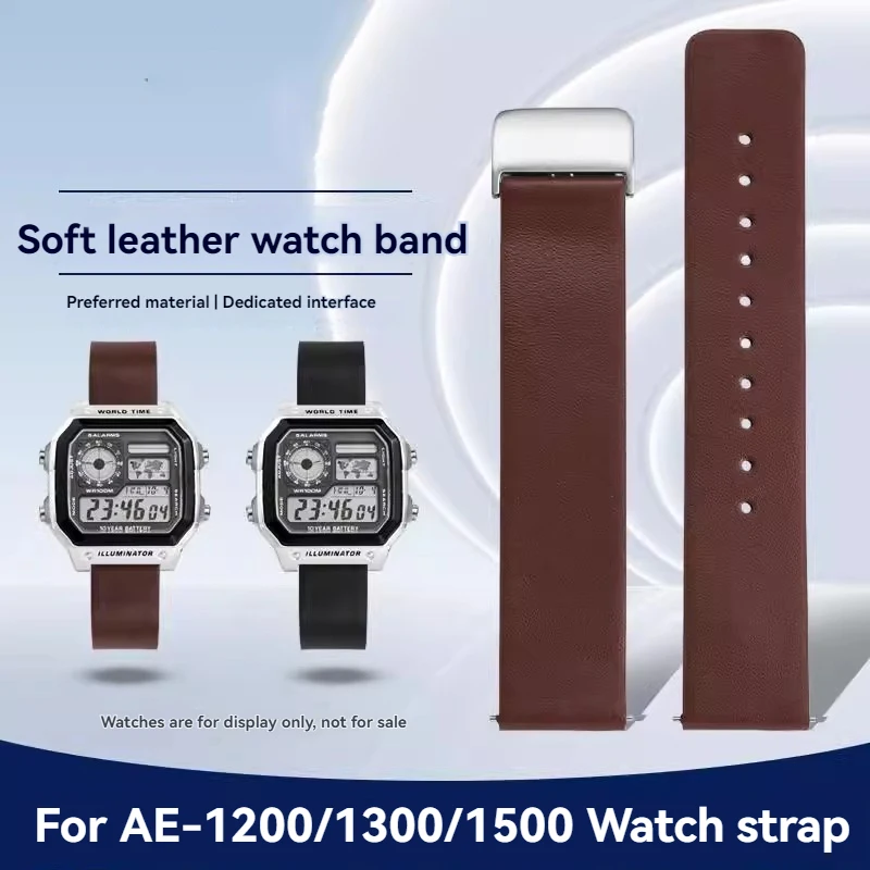 For Casio AE-1200WH AE1300 AE1500 AE1200 A159 A158 SGW-300/400 Thin Cowhide Lea-ther Watch Band Folding Buckle Wristband 18mm