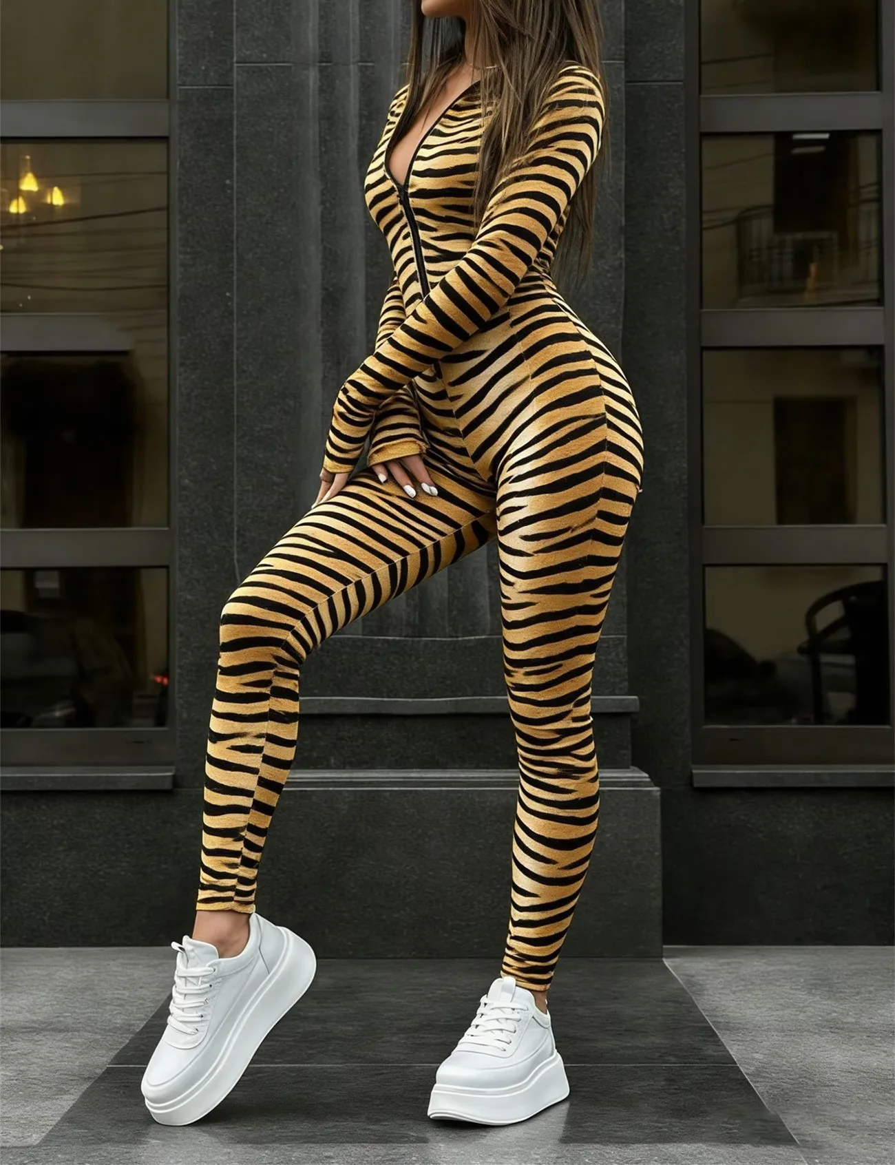 Retro Schlangenleder-Jumpsuit für Damen, Sexy Slim Fit Schlangenmuster Langarm Enger Bodysuit, Halloween Party Bühnen-Catsuit, Rave-Kostüm – Detail 4