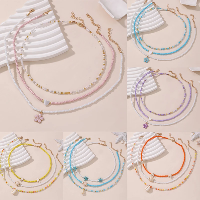 Bohemian Multilayer Rice Bead Chain Clavicle Necklace Vintage Acrylic Turtle Starfish Shell Pendant Choker Women's Beach Jewelry