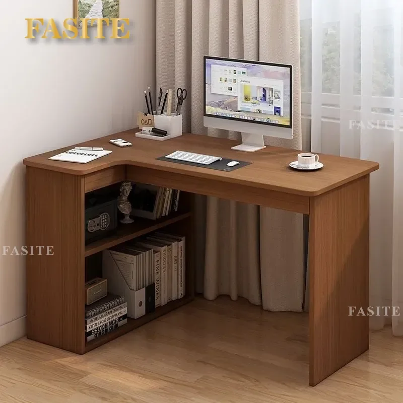 For T-shaped Desk with Bookshelf Integrated Computer Table Simple Corner Study Desk for Bedroom Student Home Office Space
