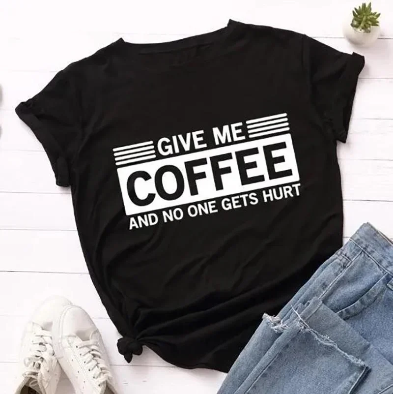 Women Fashion Short Sleeve Tee Shirt Lady Casual Loose New Round Neck T-shirt Top Plus Size Funny \'Give Me Coffee Print T Shirt