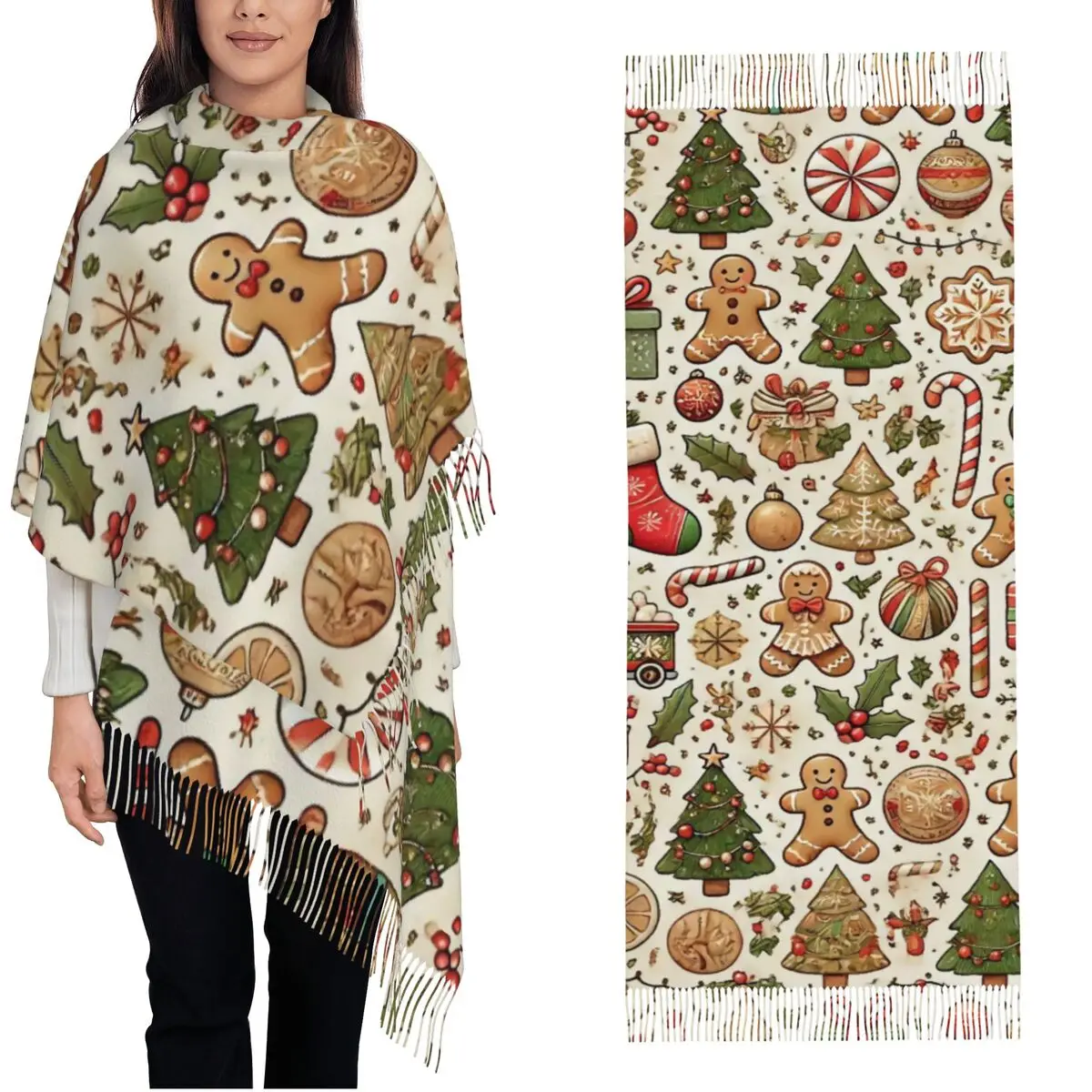 

Lady Scarf Warm Christmas Gingerbread Scarves Wraps with Long Tassel Popular Shawl Wraps Winter Designer Bandana