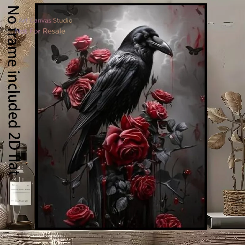 2D Flat, 2D Flat, A Mysterious Canvas Painting Featuring a Black Crow Perched Among Red Roses, with a Background Adorned with