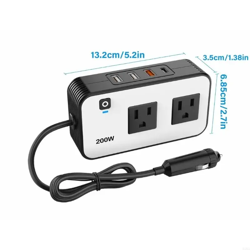 62KA Компактный автомобильный инверторный адаптер питания мощностью 200 Вт Порт USB C для эффективной зарядки, легкий автомобильный инвертор USB-порт 200 Вт 110 В
