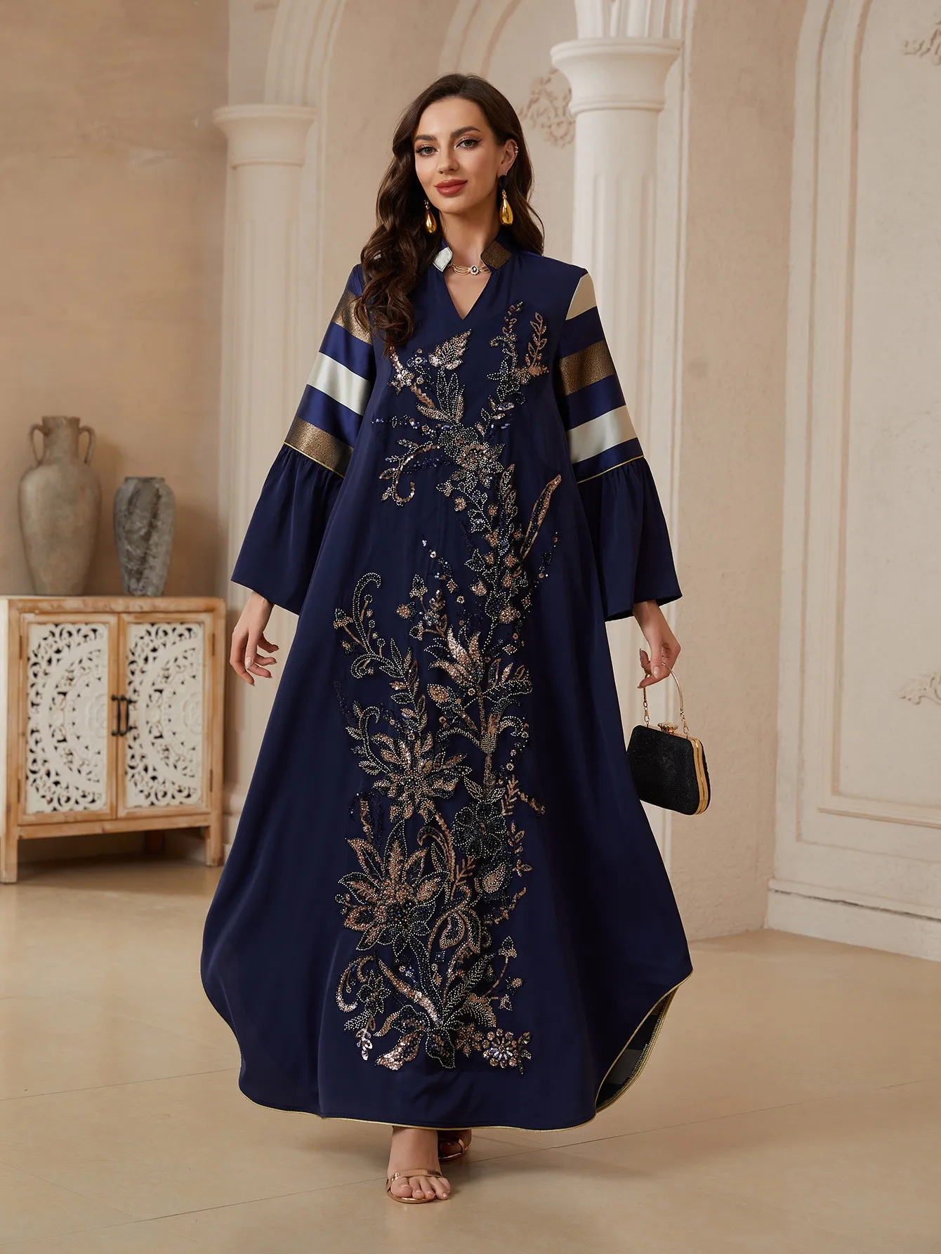 

Heavy Embellished Stripe Dress Women's Loose Fit Vintage Style Long Sleeve A-Line Skirt Casual Formal Single Button Closure