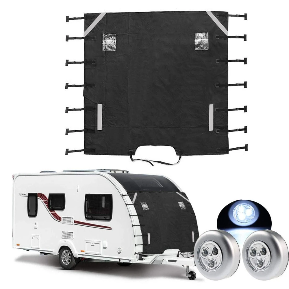 Copertura universale per rimorchio per parabrezza anteriore per roulotte RV Copertura protettiva per parasole impermeabile in tessuto Oxford nero con 2 luci