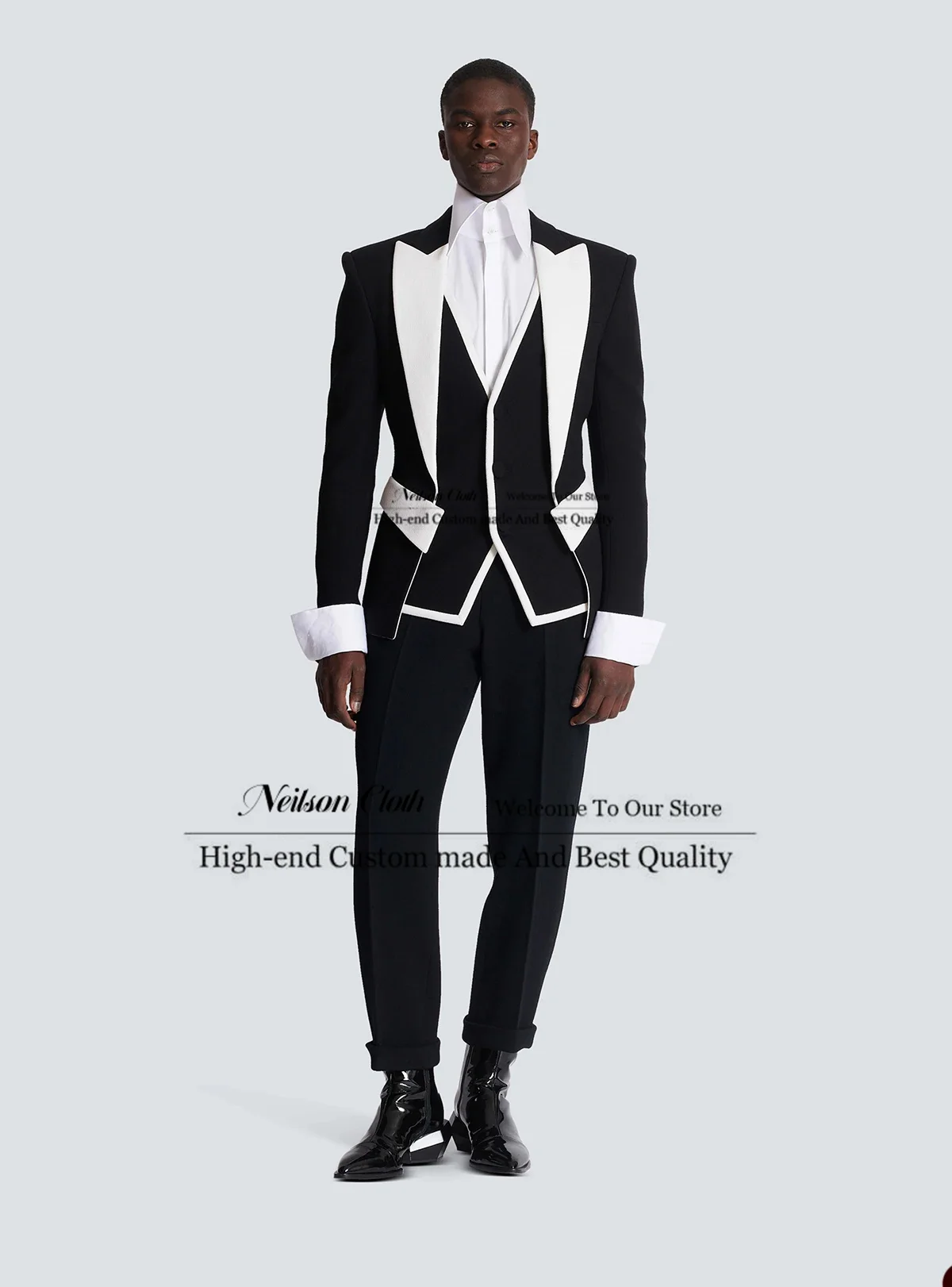 

Business Black And White Men Suits Peaked Lapel Groom Wedding Tuxedos 3 Pcs Sets Male Prom Blazers Groomsmen Costume Homme