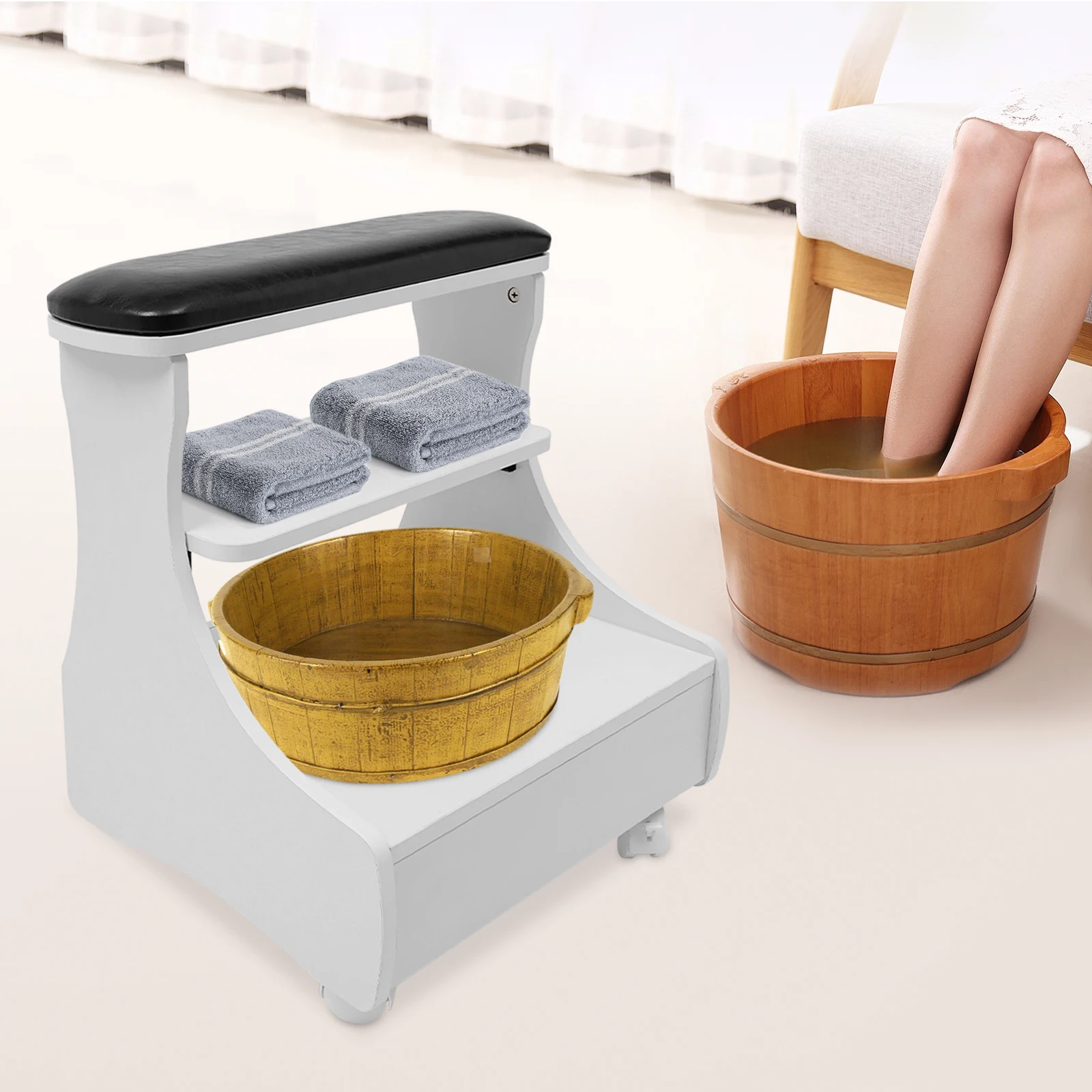 Repose-pieds pédicure manucure meubles chariot pour bain de pieds bain de pieds tabouret Salon Spa Mobile avec roues 52x41x55cm