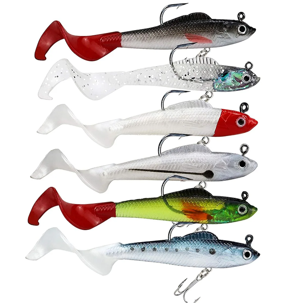 Köder für Barsch, Jighead Soft Swimbait, 5er-Pack in 5 Farben, Plastikköder für Salzwasser/Süßwasser-Angeln – Detail 1