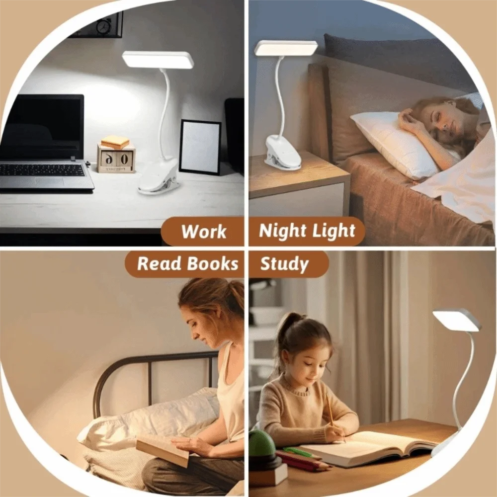Lámpara de escritorio con abrazadera LED de 3 colores, protección ocular con atenuación táctil, luces LED con Clip para libros, abrazadera Flexible de bajo consumo, luz nocturna