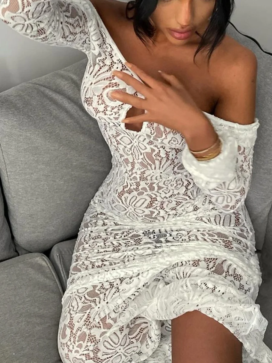 wsevypo Backless White Lace Floral Sheer Long Dress Women's Sexy See-Through Backless Long Sleeve O Neck Clubbing Dresses