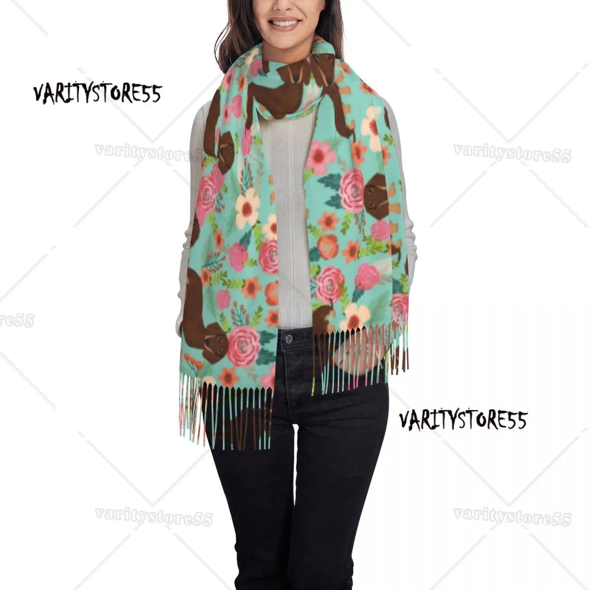 Doxie Florals Dachshund Scarves Women Winter Fall Soft Warm Tassel Shawl Wraps Badger Sausage Dog Scarf