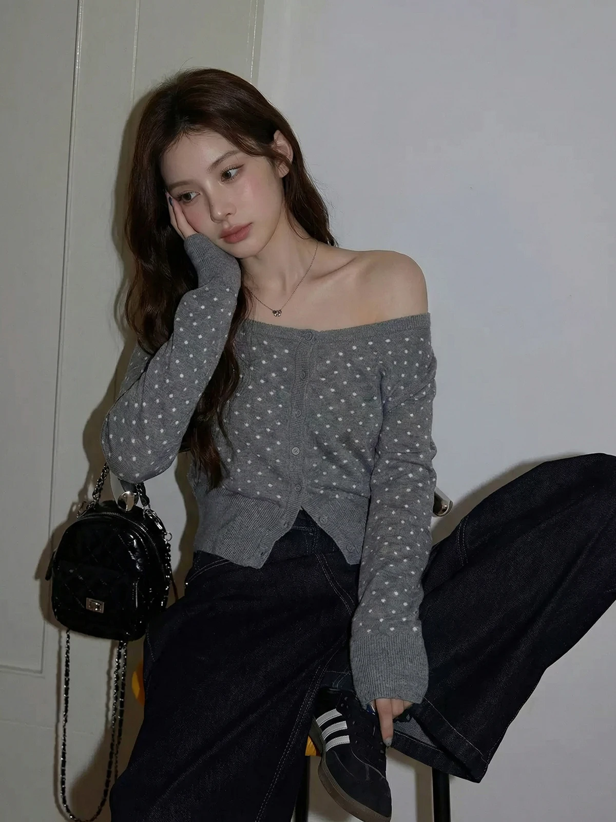 

Spring New Design Korean Sle Knitted Long Sve oulder Bared Polka Dot Open Cardigan Women's Faionable Top